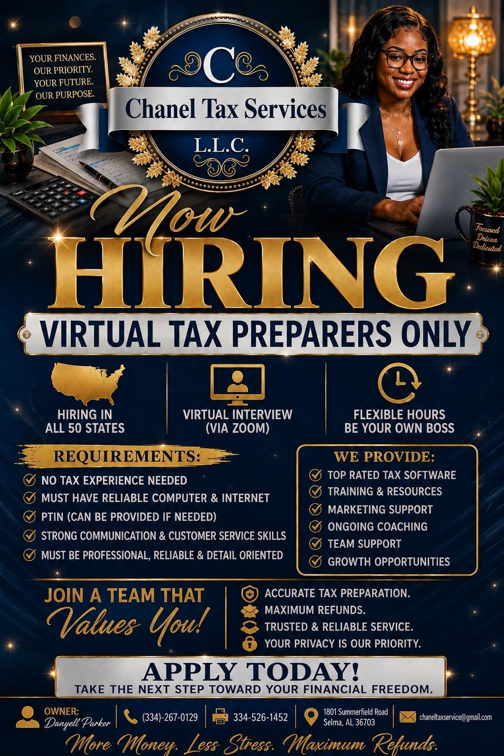 Chanel Tax Services Now Hiring Virtual Tax Preparers recruitment flyer